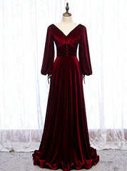 Dark Burgundy Velvet Long Sleeve V-neck Pleats Prom Dresses