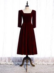 Dark Burgundy Velvet Square Half Sleeve Tea Length Prom Dresses