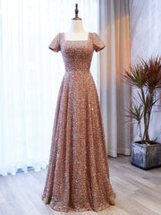 Dark Champagne Sequins Square Prom Dresses