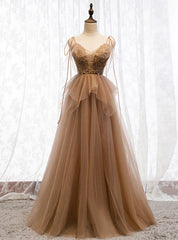 Dark Champagne Tulle Spagehtti Straps Beading Prom Dresses