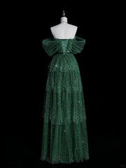 Dark Green A Line Off-the-shoulder Layered Shiny Tulle Prom Dresses