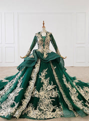 Dark Green Ball Gown Tulle Appliques V-neck Long Sleeve Wedding Dress