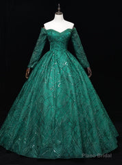 Dark Green Long Sleeve Beading Quinceanera Dress