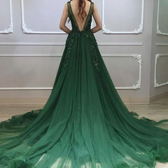 Dark Green Low Back Beaded Lace V-neckline Party Dresses A-line Prom Dresses Floor Length