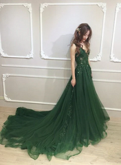 Dark Green Low Back Beaded Lace V-neckline Party Dresses A-line Prom Dresses Floor Length