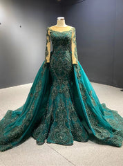 Dark Green Mermaid Long Sleeve Appliques Beading Prom Dresses