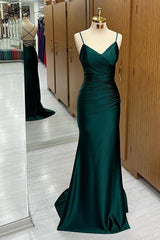 Dark Green Mermaid Satin Long Prom Dresses