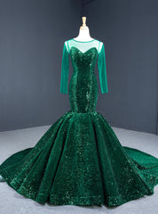 Dark Green Mermaid Sequins Long Sleeve Prom Dresses With Train