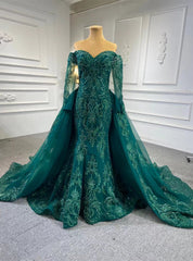 Dark Green Mermaid Tulle Appliques Beading Prom Dresses