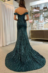 Dark Green Off Shoulder Mermaid Prom Dress with Slit