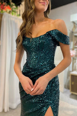 Dark Green Off Shoulder Mermaid Prom Dress with Slit