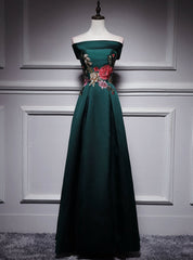 Dark Green Satin Off the Shoulder Appliques Prom Dresses