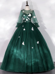 Dark Green Tulle Butterfly Appliques Bell Sleeve Quinceanera Dresses