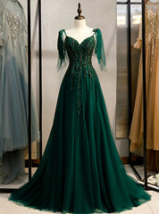 Dark Green Tulle Spaghetti Straps Beading Prom Dresses