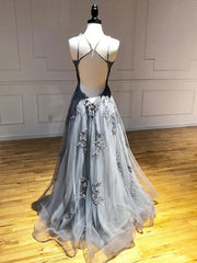 Dark Grey Halter Backless Tulle with Lace Party Dresses A-line Grey Formal Dresses prom Dresses shops