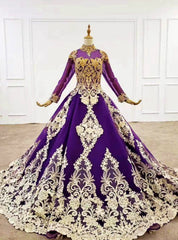 Dark Purple Ball Gown Tulle Long Sleeve High Neck Wedding Dresses