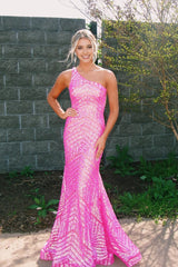 Dark Red One Shoulder Sequined Mermaid Prom Dress