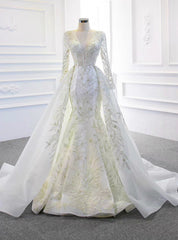 Demand Attention In White Mermaid Tulle Beading Long Sleeve Wedding Dresses With Removable Train