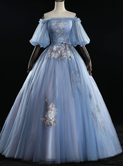 Discover The Latest Gray Blue Ball Gown Tulle Puff Sleeve Appliques Quinceanera Dresses