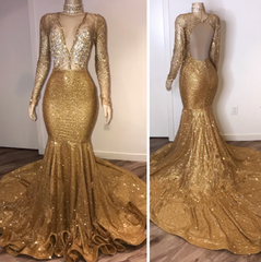 Black Girl Prom Dresses, Open Back Gold Prom Dresses, Cheap With Choker Long Sleeve Mermaid V Neck Sexy Evening Gowns With Crystals