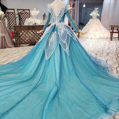 Blue Princess Sparkle Frost Fairy Queen Costume Wedding Dress, Bridal Ball Gown Long Sleeve Long Train Cosplay Off The Shoulder