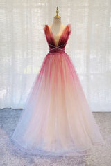 Burgundy V Neck Tulle Sequin Long Prom Dress, Burgundy Evening Dress