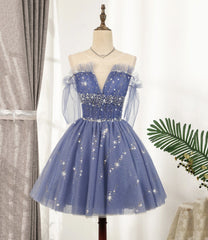 Blue Tulle Sequins Short A Line Homecoming Dresses, Party Dresses