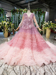 Dreamy Pink Ball Gown V-neck Long Sleeve Tulle Pleats Appliques Wedding Dresses