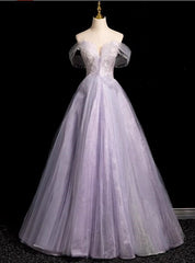 Elegance Purple Tulle Off the Shoulder Beading Prom Dresses