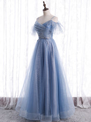 Elegant  A line Tulle Sequin Blue Long Prom Dress, Tulle Blue Formal Evening Dress