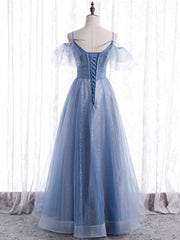 Elegant  A line Tulle Sequin Blue Long Prom Dress, Tulle Blue Formal Evening Dress