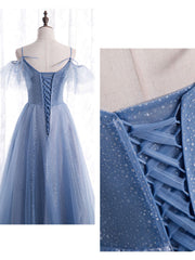 Elegant  A line Tulle Sequin Blue Long Prom Dress, Tulle Blue Formal Evening Dress