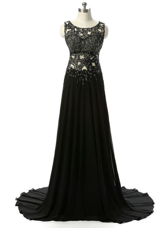 Elegant Black Long Evening Dresses Beading Chiffon Sleeveless