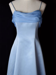 Elegant Blue Satin Spaghetti Straps Evening Gown A Line Long Party Dresses Prom Dresses