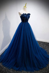 Elegant Blue Velvet And Tulle Long Prom Dresses Strapless