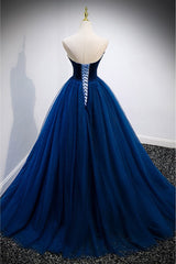 Elegant Blue Velvet And Tulle Long Prom Dresses Strapless