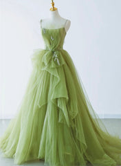 Elegant Green Tulle Straps Long Formal Dresses, Green Tulle Evening Dresses Party Dresses