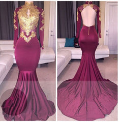 Elegant High-Neck Long-Sleeves Gold-Appliques Backless Prom Dresses