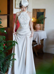 Elegant Lace and Satin Halter Long Wedding Party Dress, Long Formal Gowns