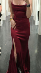 Elegant Mermaid Burgundy Slit Satin Long Prom Dresses