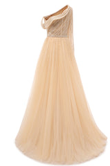 Elegant One Shoulder Beige Prom Dresses Sheer Beading Lace Formal Dresses