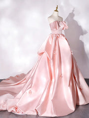 Elegant Pink A Line Strapless Appliques Satin Evening Dresses Prom Dresses