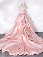 Elegant Pink A Line Strapless Appliques Satin Evening Dresses Prom Dresses