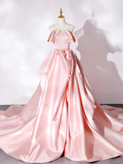 Elegant Pink A Line Strapless Appliques Satin Evening Dresses Prom Dresses