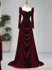 Elegant Wine Red Velvet Long Sleeves Formal Dresses, Formal Wedding Party Dresses