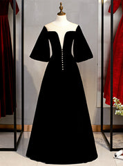 Fancy Black Velvet Horn Sleeve Illusion Prom Dresses