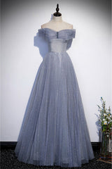 Fantasy Dusty Blue Bling Tulle Prom Dresses Off Shoulder With Bling