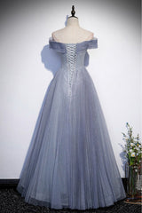 Fantasy Dusty Blue Bling Tulle Prom Dresses Off Shoulder With Bling