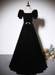 Fashion Black Velvet Short Sleeve Square Neck Prom Dresses