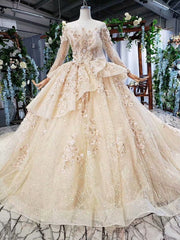 Fashion Champagne Ball Gown Tulle Sequins Long Sleeve Appliques Wedding Dresses